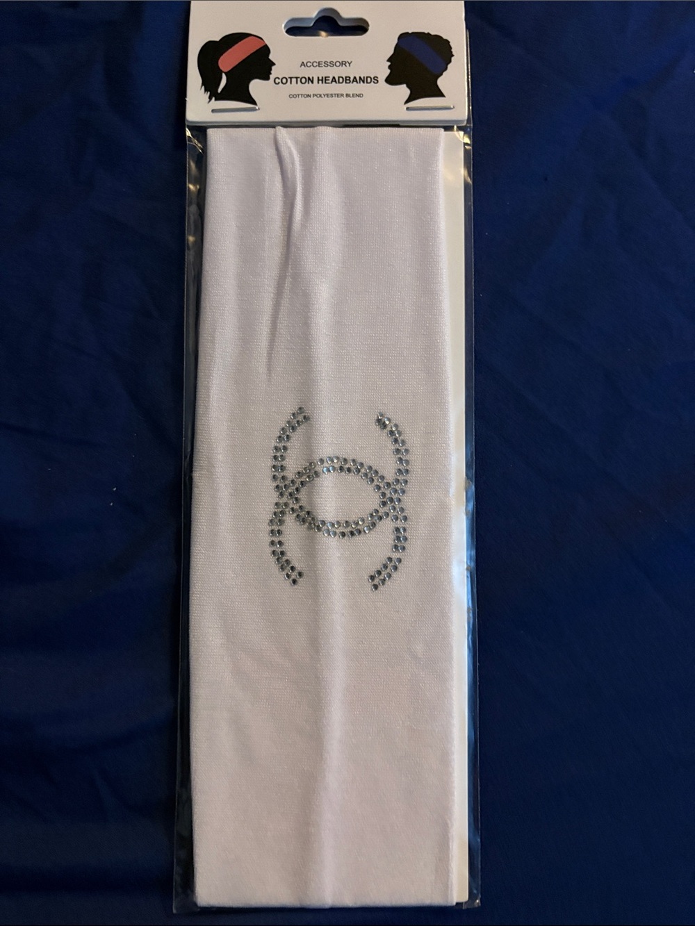 FASHION - White Cotton Headband with Rhinestone Accent